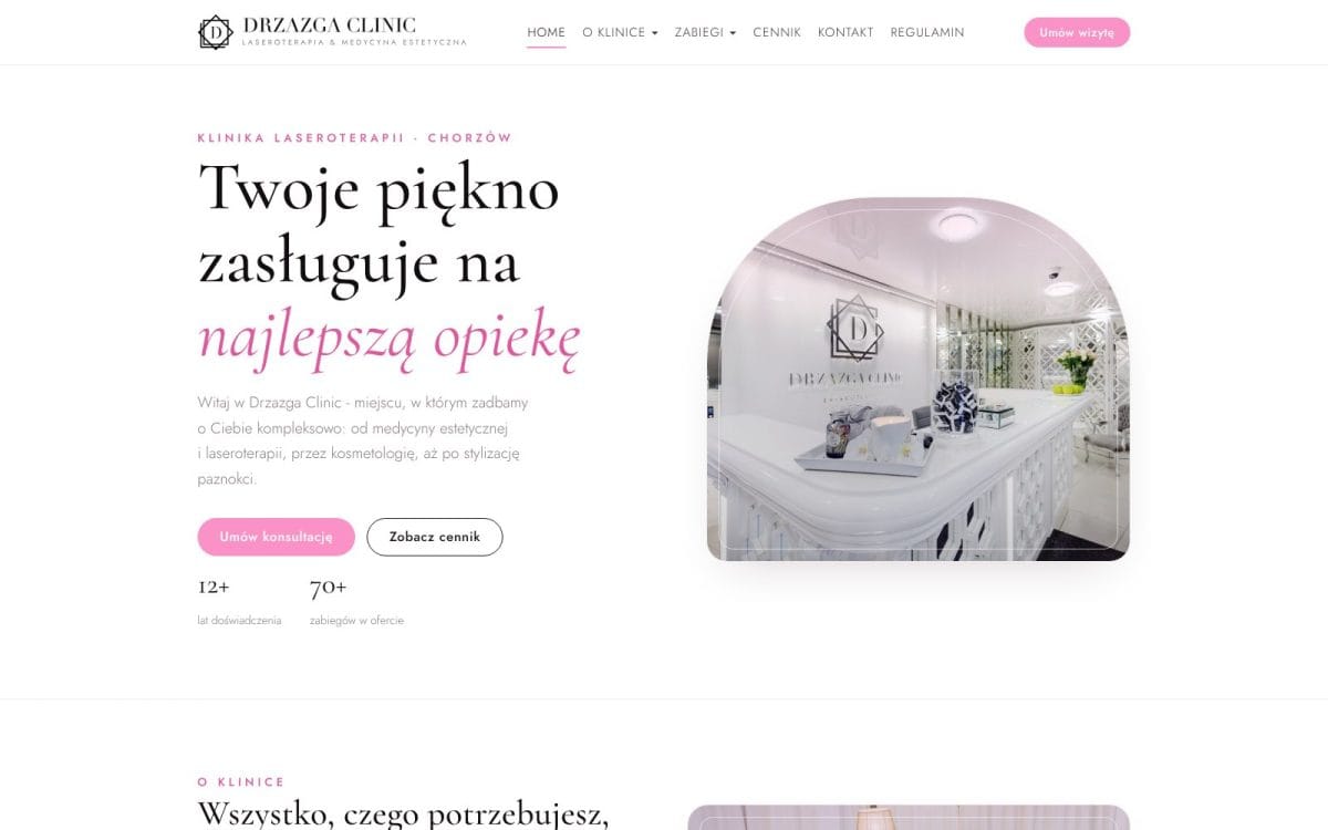 Drzazga Clinic: przejście z Elementora na dedykowany motyw dla kliniki medycyny estetycznej