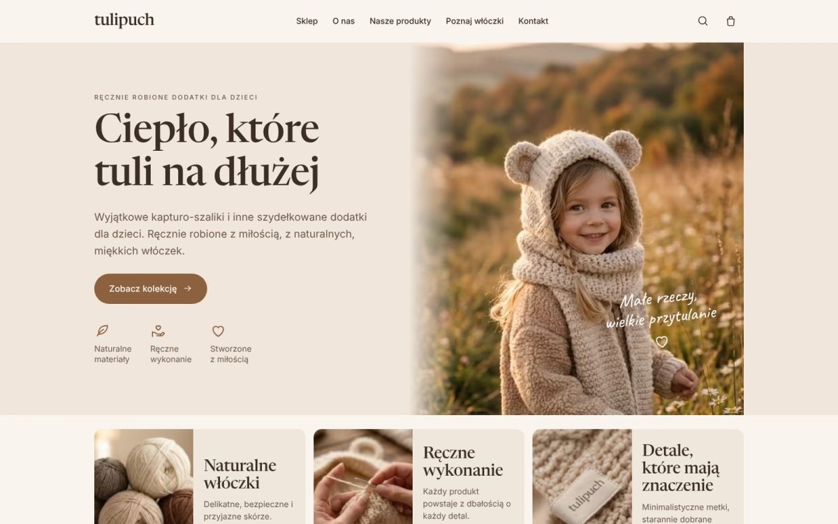 Tulipuch: sklep z ręcznie robionymi dodatkami dla dzieci zbudowany od zera bez WooCommerce